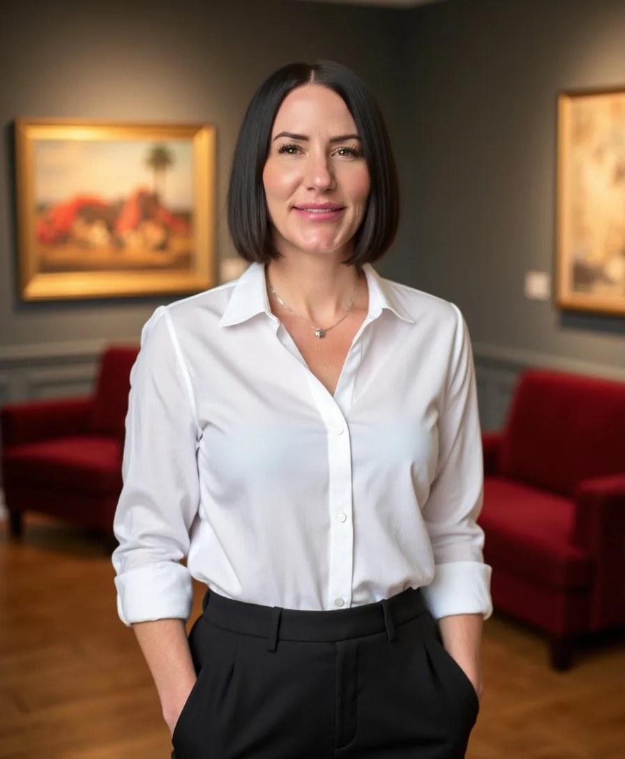 Tonya Call in a white shirt, standing in an art gallery